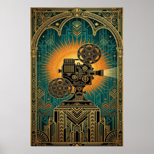 Majestueuze Art Deco Vintage Filmprojector Goud Poster