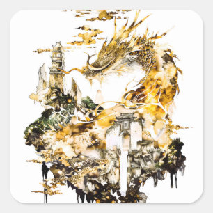 Majestueuze Aziatische Mythologie Draak Tempel Fan Vierkante Sticker