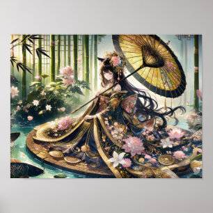Majestueuze bloemen kimono onder bamboe luifel poster