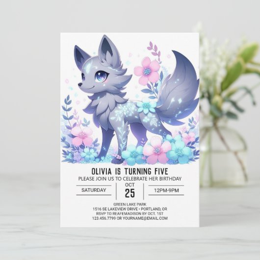 Majestueuze Bloemige Wolf Digitale Verjaardag Kaart (Staand voorkant)