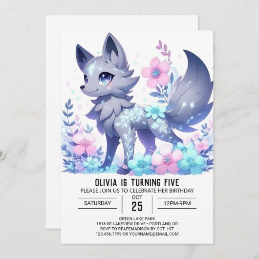 Majestueuze Bloemige Wolf Digitale Verjaardag Kaart (Voorkant / Achterkant)