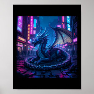 Majestueuze Cyberpunk Dragon Resting in Neon City  Poster