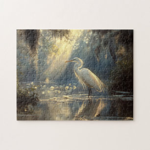 Majestueuze Egret Staande in een serene zonovergot Legpuzzel