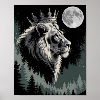 Majestueuze Gekroonde Leeuw Maan Woud Poster
