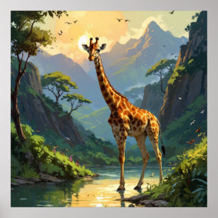 Majestueuze Giraffe in Natuur Wildlife Painting Poster