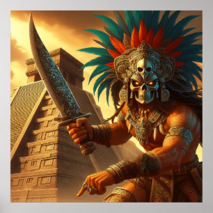 Majestueuze Golden-Hued Dynamic Aztec Warrior Poster