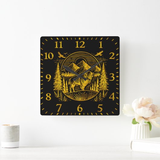 Majestueuze gouden buffel in berglandschap vierkante klok (Huis)