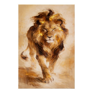 Majestueuze Gouden Leeuw Abstract Schilderij Luxe Perfect Poster