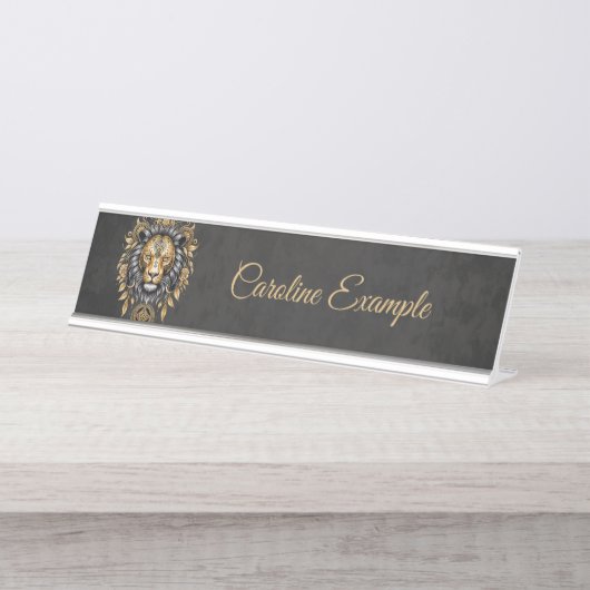 Majestueuze gouden leeuwenkop met zwarte manen. bureau naambordje (Voorkant)