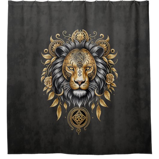 Majestueuze gouden leeuwenkop met zwarte manen. douchegordijn (Voorkant)