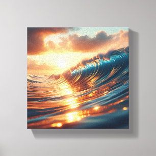 Majestueuze Gouden Zonsondergang Oceaan Golven - E Canvas Afdruk
