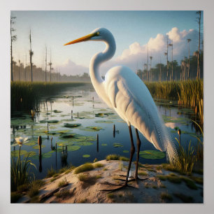 Majestueuze Great Egret in rustige wetlands Poster