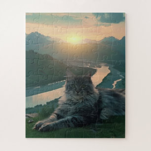 Majestueuze kat bij zonsondergang in het bergdal legpuzzel