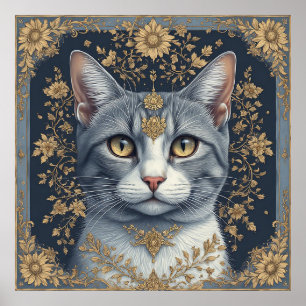 Majestueuze kat met sierlijke bloemdetails in goud poster