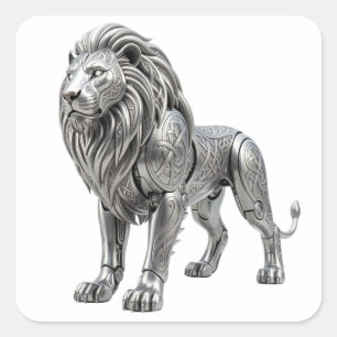 Majestueuze Keltische Zilveren Leeuw met Ingewikke Vierkante Sticker