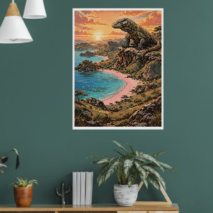 Majestueuze Komodo-draak met uitzicht op Pink Beac Poster