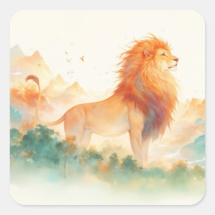 Majestueuze Leeuw die uitkijkt over een nevelige h Vierkante Sticker