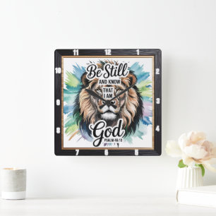 Majestueuze Leeuw Inspirerend Geloof Psalm 46:10 Vierkante Klok