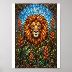 Majestueuze Leeuw Met Edelstenen Glas-in-Lood Dier Poster