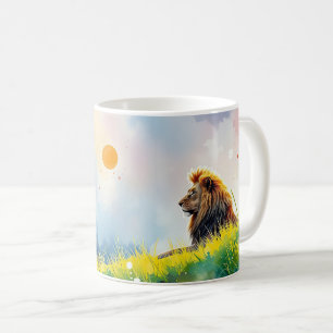 Majestueuze leeuw op een zonovergoten heuvel koffiemok