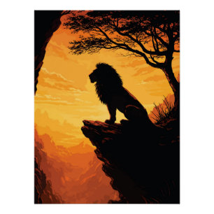 Majestueuze Leeuw Silhouet Zonsondergang Klif Boom Perfect Poster