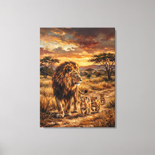 Majestueuze Leeuwenfamilie – Gouden Savannah Kunst Canvas Afdruk