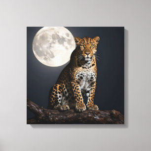 Majestueuze luipaard en volle maan canvas afdruk