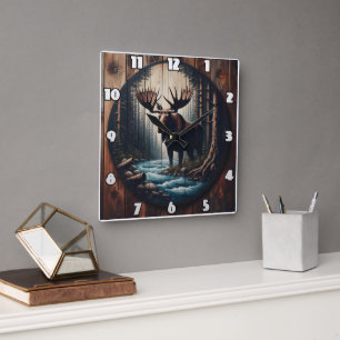 Majestueuze Moose aan de rivier in Dense Forest Vierkante Klok