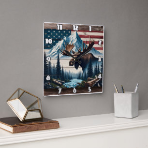 Majestueuze Moose voor bergen en vlag Vierkante Klok