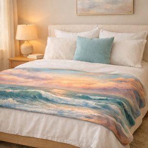 Majestueuze oceaan Sunset Waves Waterverf Coastal Fleece Deken