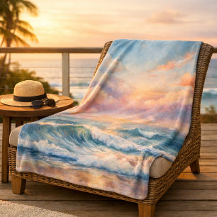 Majestueuze oceaan Sunset Waves Waterverf Coastal Sherpa Deken