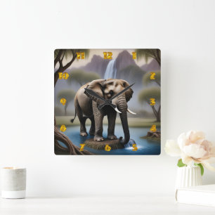 Majestueuze olifant bij rustige waterval in de sch vierkante klok