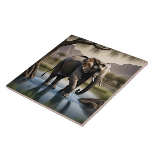 Majestueuze olifant waden in sereen water bij zons tegeltje