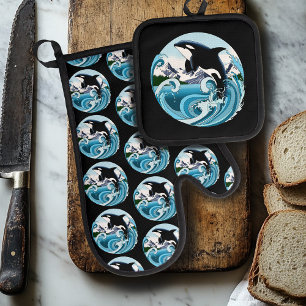 Majestueuze Orka Moordwalvis Blauwe Golven Oceaan Ovenwant & Pannenlap Set
