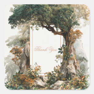 Majestueuze Oude Boom Rotsachtig Bos Gouden Lijst Vierkante Sticker