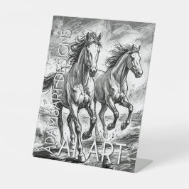 Majestueuze rennende paarden zwart-wit schets reclamebord met voetstuk