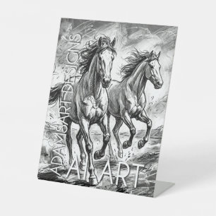 Majestueuze rennende paarden zwart-wit schets reclamebord met voetstuk