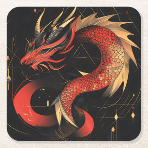 Majestueuze rode en gouden Chinese drakenkunst Vierkante Kartonnen Onderzetter