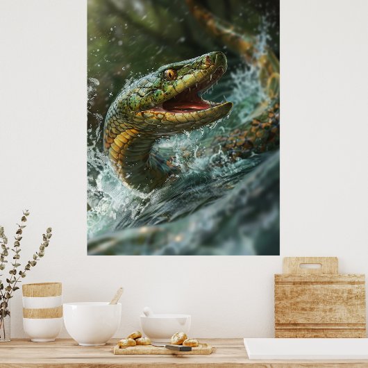 Majestueuze slangenvis die uit het water springt P Poster (Keuken)