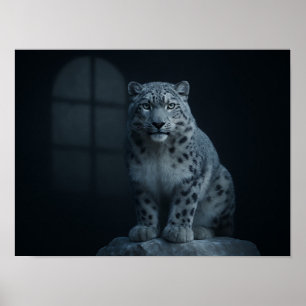 Majestueuze sneeuwluipaard in sombere maneschijn poster