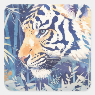 Majestueuze Tijger in Blauwe Bamboe Botanische Nat Vierkante Sticker
