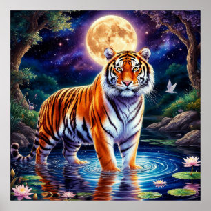 Majestueuze Tijger in een Maanverlicht Fantasielan Poster