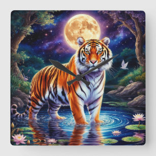 Majestueuze Tijger in een Maanverlicht Fantasielan Vierkante Klok