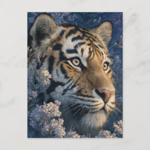 Majestueuze Tijger in Nachtelijke Bloementuin Briefkaart
