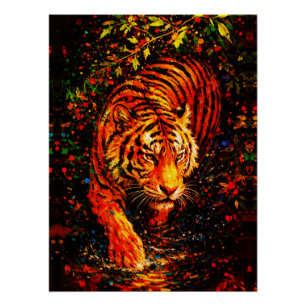 Majestueuze tijger in water kleurrijke spatten perfect poster