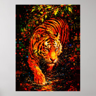 Majestueuze tijger in water Kleurrijke spatten Poster