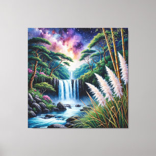 Majestueuze Waterval in een Weelderig Bos Onder ee Canvas Afdruk