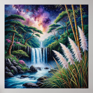 Majestueuze Waterval in een Weelderig Bos Onder ee Poster