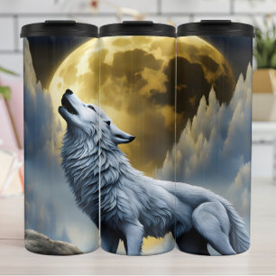 Majestueuze witte wolf huilt onder volle maan thermosbeker