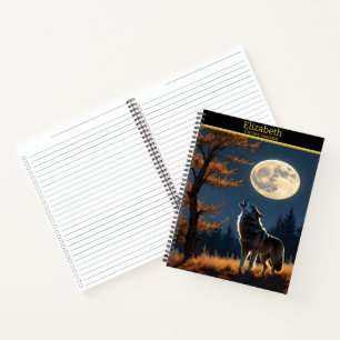 Majestueuze wolf huilt naar de volle maan onder de notitieboek